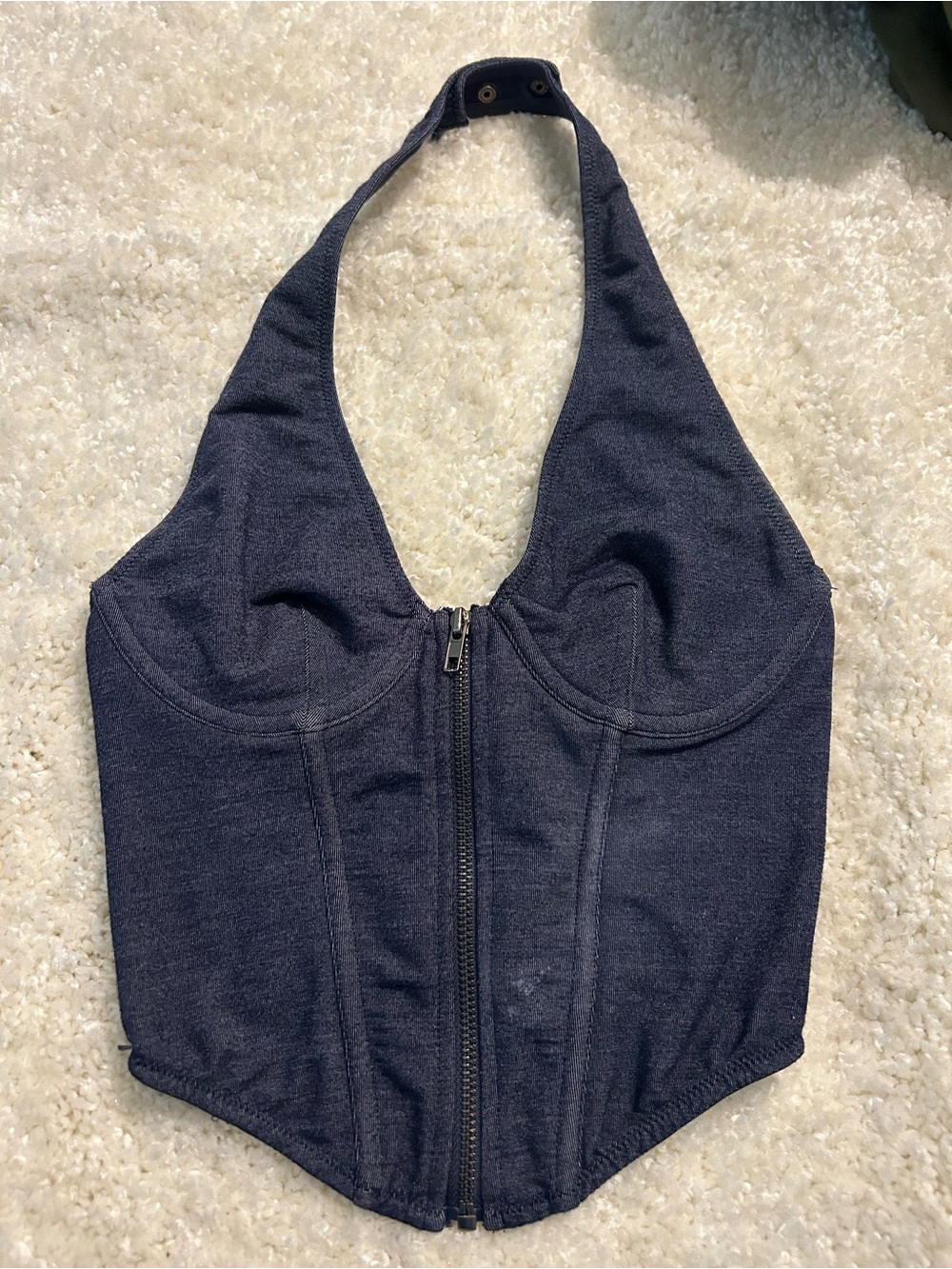 Women's Denim Halter Zip-Front Top in Navy Urban Outfitters Small